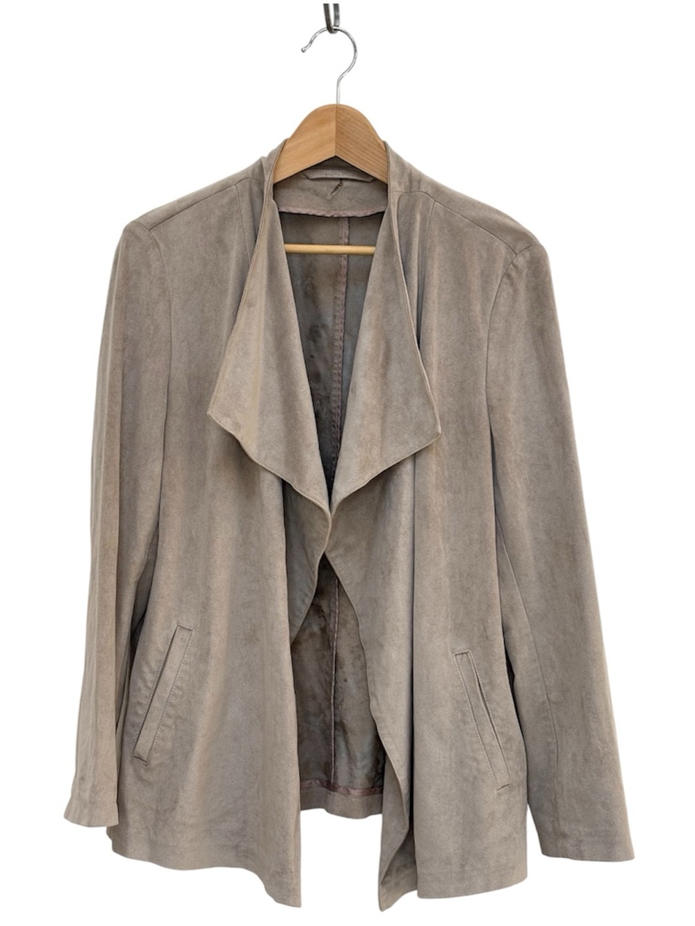 Basler Faux Suede Open Front Draped Jacket Quiet Luxury Neutral Beige Size 12